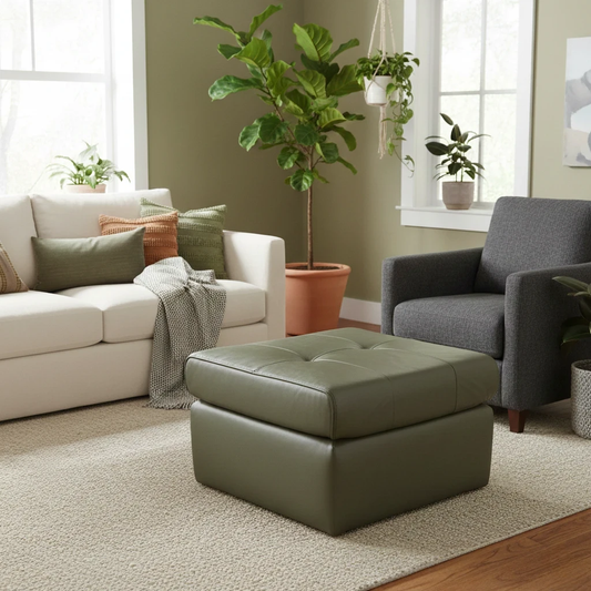 'Ava' Khaki Green Leather Large Square Footstool