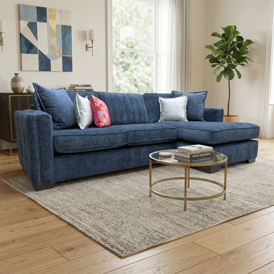 'Chelsea' Navy Blue Paso Chenille Fabric Large Right Hand Facing Open End Corner Chaise
