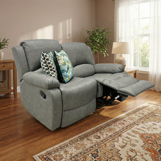 Living Room view of the ‘Bennett’ manual recliner sofa, highlighting the durable grey endurance fabric.
