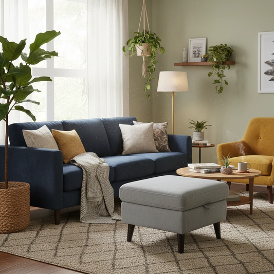 Living room view image showcasing the Smoke Sky Blue velvet footstool in a minimalist living room setting.