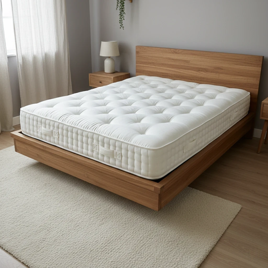 Living Room view of the mattress highlighting the depth and the Feather & Black branding label.