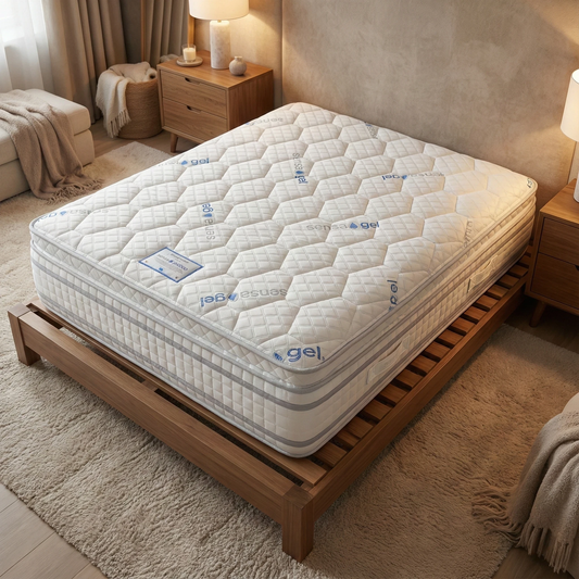 Living Room shot highlighting the mattress depth and the SensaGel 6100 branding label.