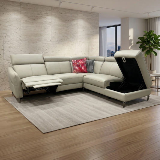 'Nico' Stone Leather Power Recliner Right Hand Facing Chaise Corner Sofa with Storage and Adjustable Headrests