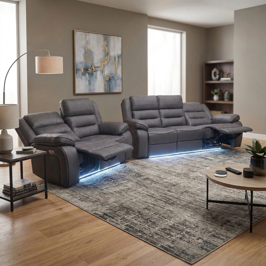 Living room view for the Vegas 3+2 sofa set, highlighting the durable microfibre upholstery, power reclining seats, and built-in LED ambient lighting.