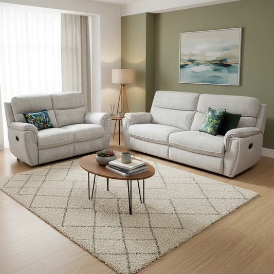 Living Room of The SCS Ashton 2-Seater Power Recliner Sofa in Chunki Pumice, showcasing the chrome accents.