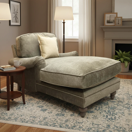 Living Room of the 'Paddington' Olive Green Vogue Velvet Chaise Armchair.