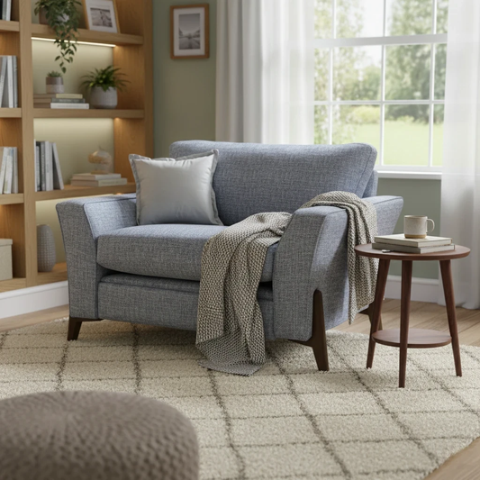 Living Room of the 'Collins' Marine Blue Woven Fabric Power Recliner Love Seat.