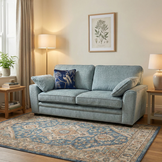 Living Room view of the Chalfont sofa in Eau De Nil fabric, emphasizing the traditional rolled arms and light wood feet.