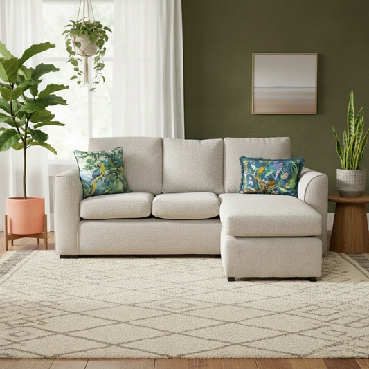 highlighting the contemporary silhouette and neutral oatmeal tone.