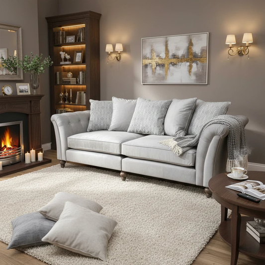 Living Room of the 'Milton' Silver Velvet 4 Seater Sofa in a contemporary living space.