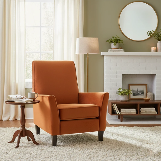 Living room of the ‘David’ Plush Marmalade Orange Accent Chair in a room setting.