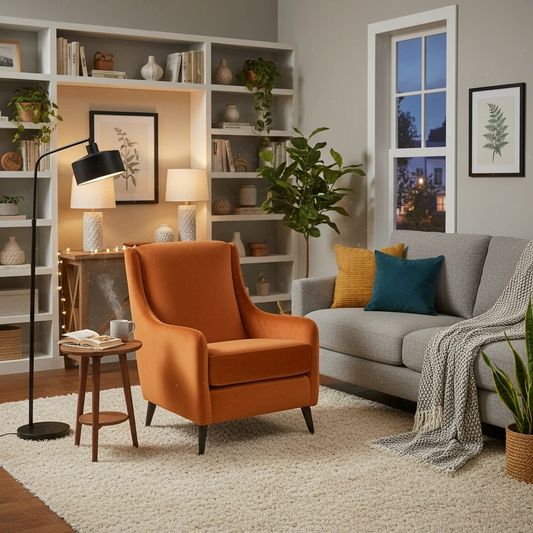 Living room of the ‘David’ Plush Marmalade Orange Accent Chair in a room setting.