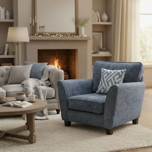 Living room of the ‘Tabitha’ Navy Blue Chair in a modern room setting.