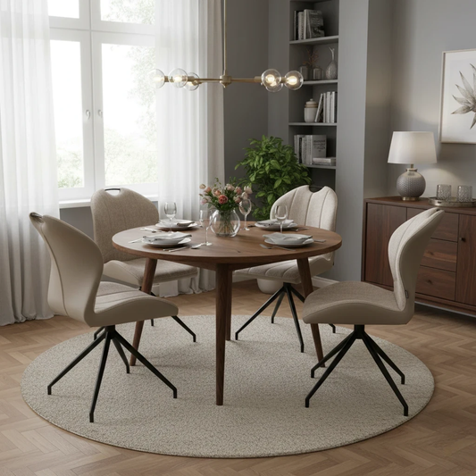 Living room of the 'Raul' Pebble Fabric Swivel Dining Chair.