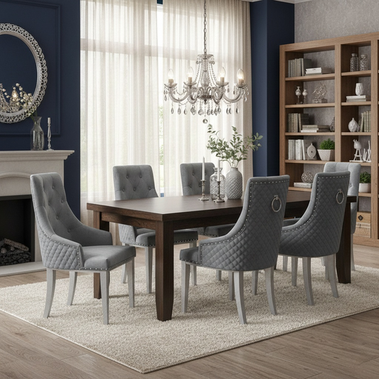 Living room of the 'Dolce' Grey Velvet Button Back Dining Chair.