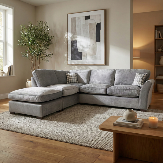 Lifestyle shot of the Rosie grey fabric corner sofa, showcasing its generous seating space and contemporary silhouette in a bright living room.