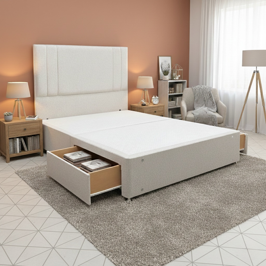 Living room of the Cygnus headboard and 2-drawer divan base against a studio background.