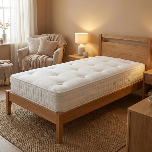 Living room of the mattress corner and side border, emphasizing the high-quality UK manufacturing.