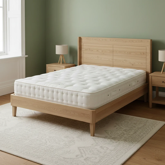 Living Room highlighting the mattress side profile and the Hypnos "Luxury Firm 2" embroidered branding.