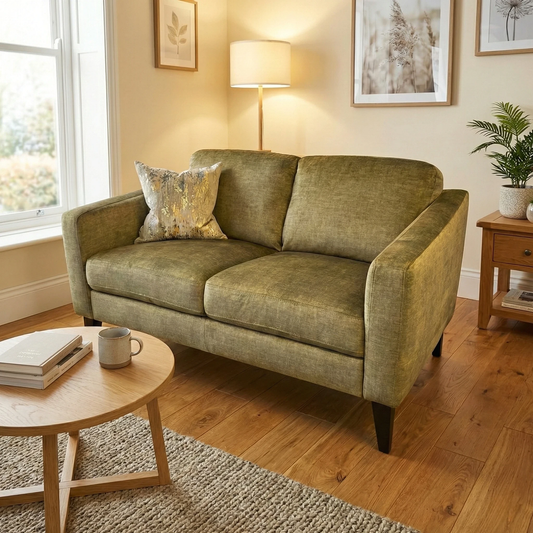 Living Room view of the olive green 2-seater sofa, highlighting the sleek mid-century modern design.