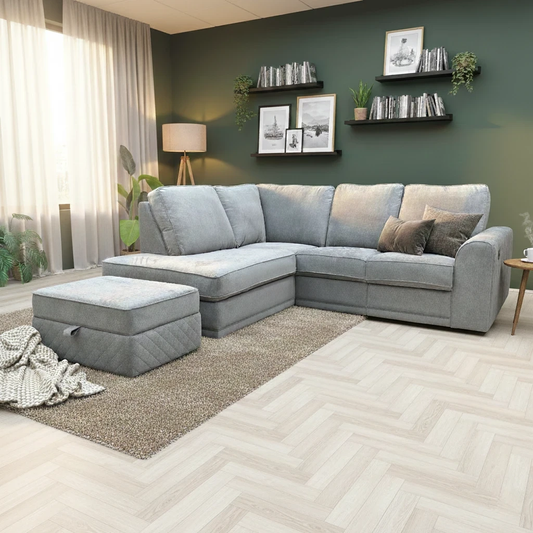 Living Room View of the sofa showcasing the right-hand facing power recliner in the closed position and the quilted back cushions.