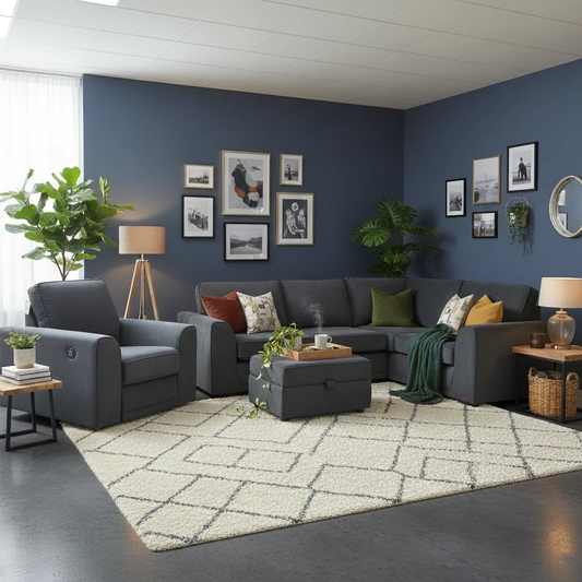 Living Room view of the left-hand facing 2-seater corner sofa, highlighting the sleek non-quilted design.