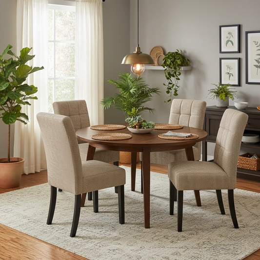 Living Room View shot of a single 'Akita' chair, showing the elegant backrest and sturdy wooden legs.