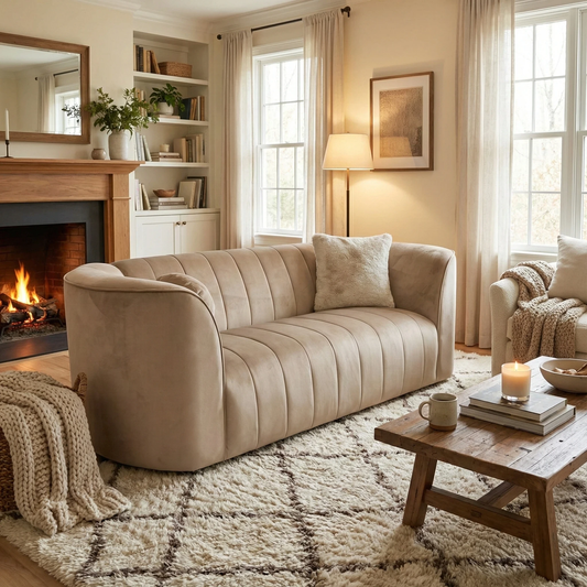 Living room shot of the sofa in a home setting, demonstrating its compact size and stylish proportions.