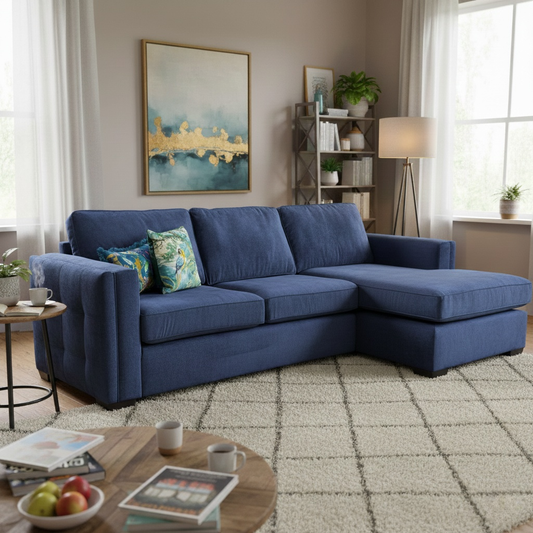 Living room view of the open-end chaise, showing the spacious 156cm depth and the sofa's modern back style.