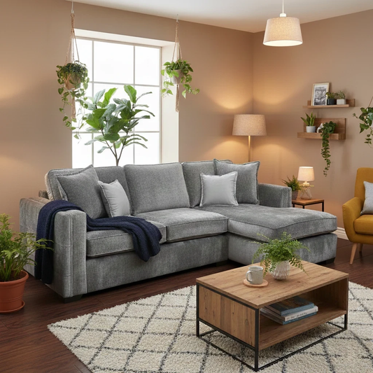 Living room of view of the 'Chelsea' sofa in a modern room setting, highlighting its spacious chaise section.