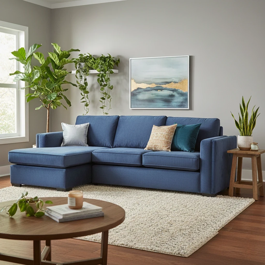 Living room shot of the navy blue 'Chelsea' corner sofa in a bright living room, showcasing its generous seating.