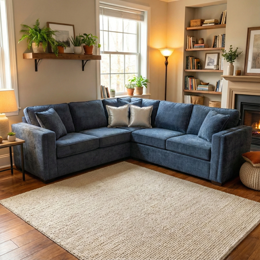 Living room shot showing the sofa from the side, emphasizing its 245cm depth and height