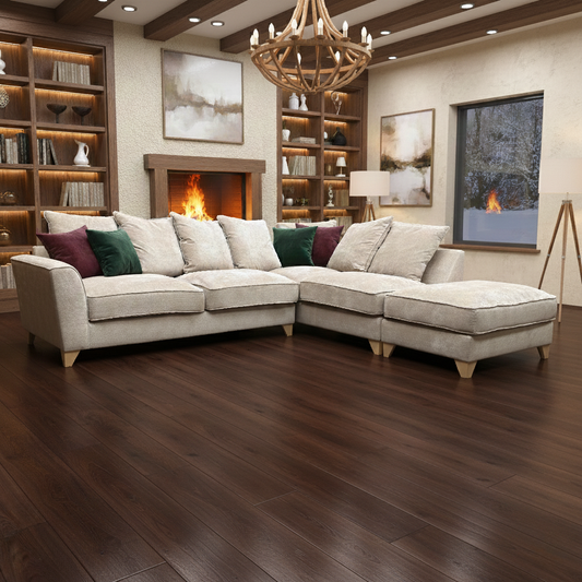 Living Room shot focusing on the right-hand chaise end, highlighting the deep seating and relaxed pillow back design.