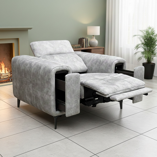 Living Room shot focusing on the deep, plush cushioning and the independent controls for the power recline.