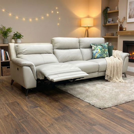 Living Room view of the 'Contempo' 4-seater silver grey leather sofa, showing its modern silhouette.