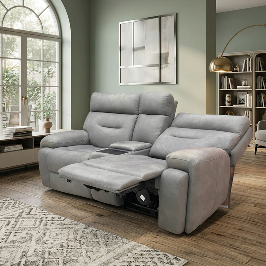 ‘Cinemax’ Np-1107 Nappa Grey Media 2 Seater Fabric Power Recliner Sofa with Power Headrests