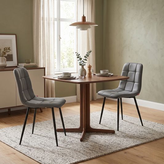 Dining room view of a single Maya Grey Faux Leather chair, highlighting the ergonomic curved seat and the sleek, wipe-clean upholstery.