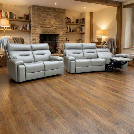 Living Room View of the 3-seater sofa with headrests elevated and seats reclined, showcasing the power functionality.