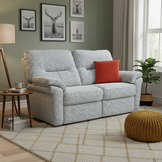 Living room of view highlighting the sofa's contemporary silhouette and fabric texture.