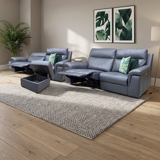 Nicoletti 'Paolo' Torello 81 Blue Leather 3 + 3 Seater Power Recliner Sofa with Footstool