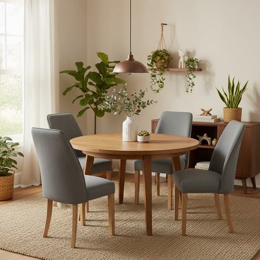 Living room of Set of 4 Hamilton Charcoal Grey Fabric Dining Chairs with contemporary upholstered design and wooden legs.