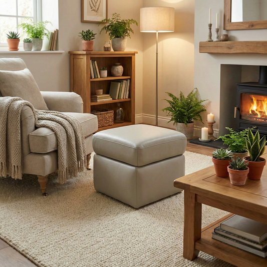 Living room of the Utah sand leather footstool, showcasing the 100% real leather upholstery and compact square design.