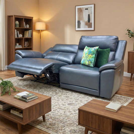 Living room of the Utah navy leather sofa, highlighting the premium milled leather texture and contemporary padded armrests.