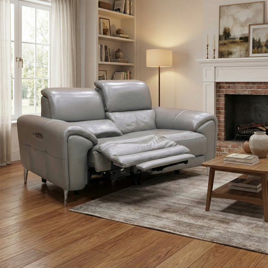 Living room of the Vino elephant leather sofa, highlighting the premium leather texture and the dual-seat configuration with power headrests.