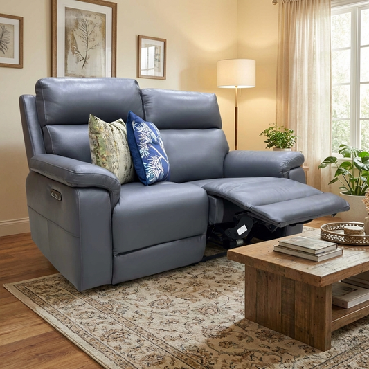 Living room of the 2 seater sofa with one seat reclined, demonstrating the independent dual power mechanisms.