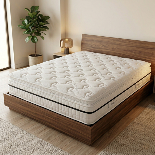 Bedroom view for the Sleepeezee Memory Sense King Mattress, highlighting 2800 pocket springs, pressure-relieving memory foam, and hypoallergenic materials.