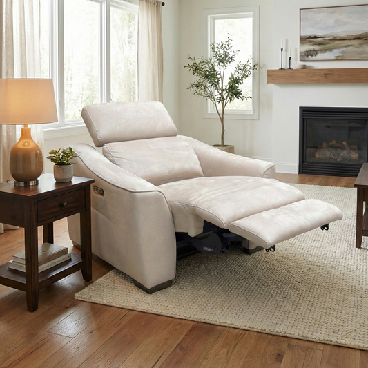 Living room of the ‘Xavier’ chair in a semi-reclined position, illustrating the ergonomic support and "perfect position" technology.