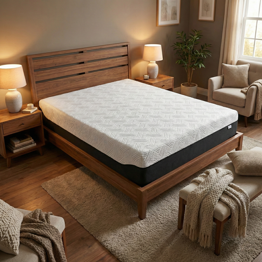 Bedroom short for the TEMPUR Pro Plus mattress, highlighting TEMPUR® Advanced Material for pressure relief and motion absorption.