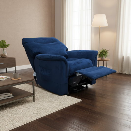 Living Room View shot of the lift and rise chair, highlighting the plush blue velvet fabric and high backrest.