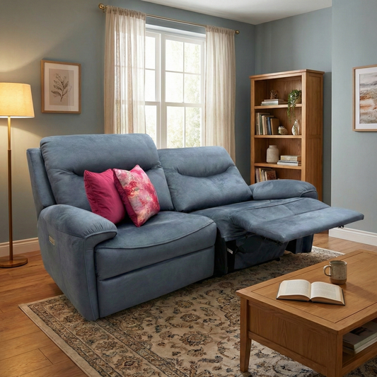 Living room of the 'Amesbury' blue velvet sofa, showcasing its high back and plush cushioning